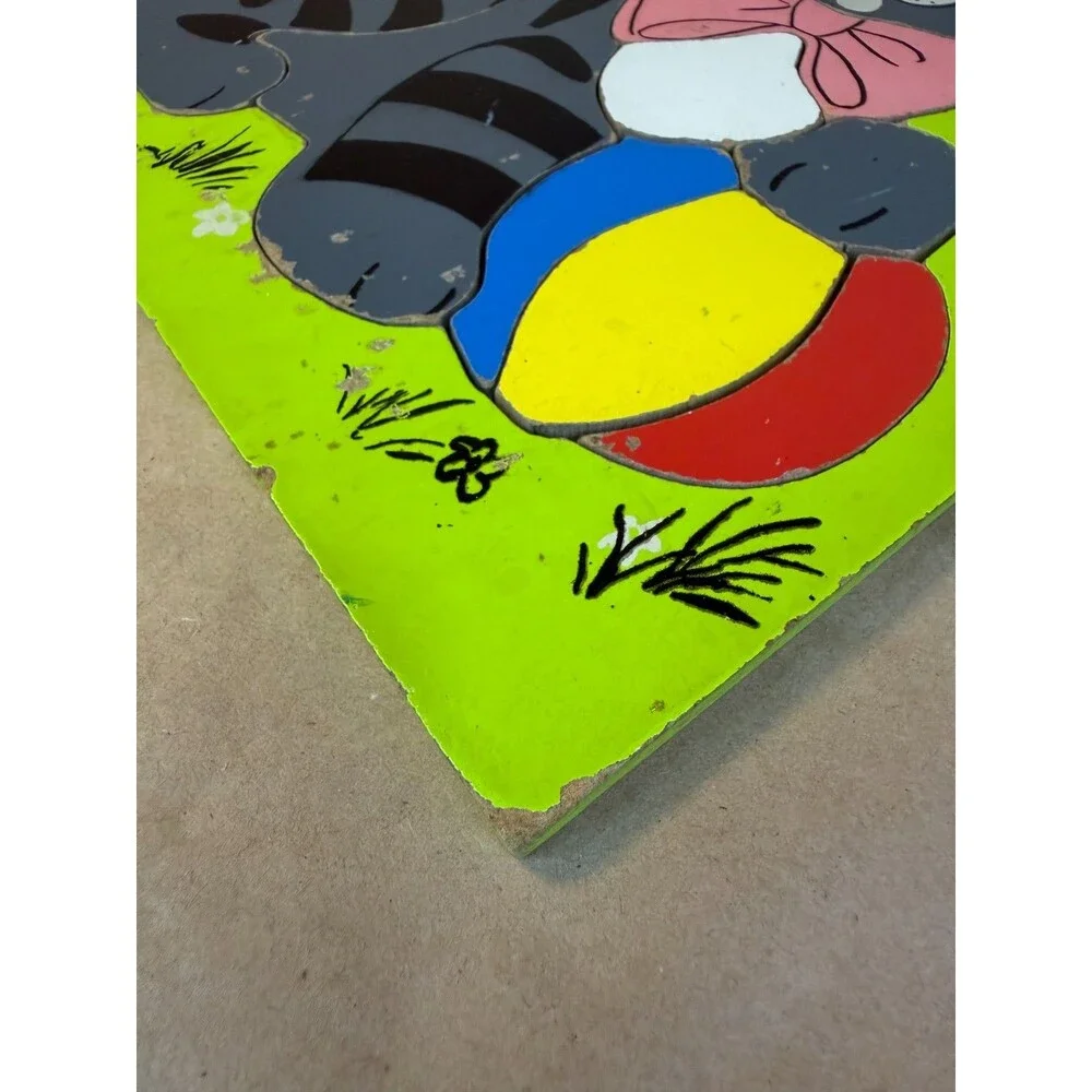 Vintage Playskool Wooden Puzzle 165-6 Kitty Kitten Cat with Ball 9 Pieces Tray